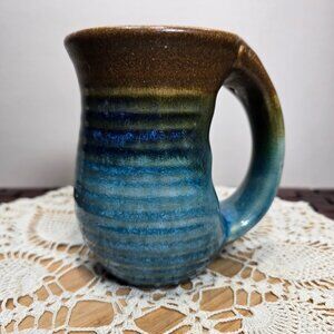 Oasis Glazed Art Pottery Hand Warmer Earthy Brown & Shades Of Blue 16 Oz Mug
